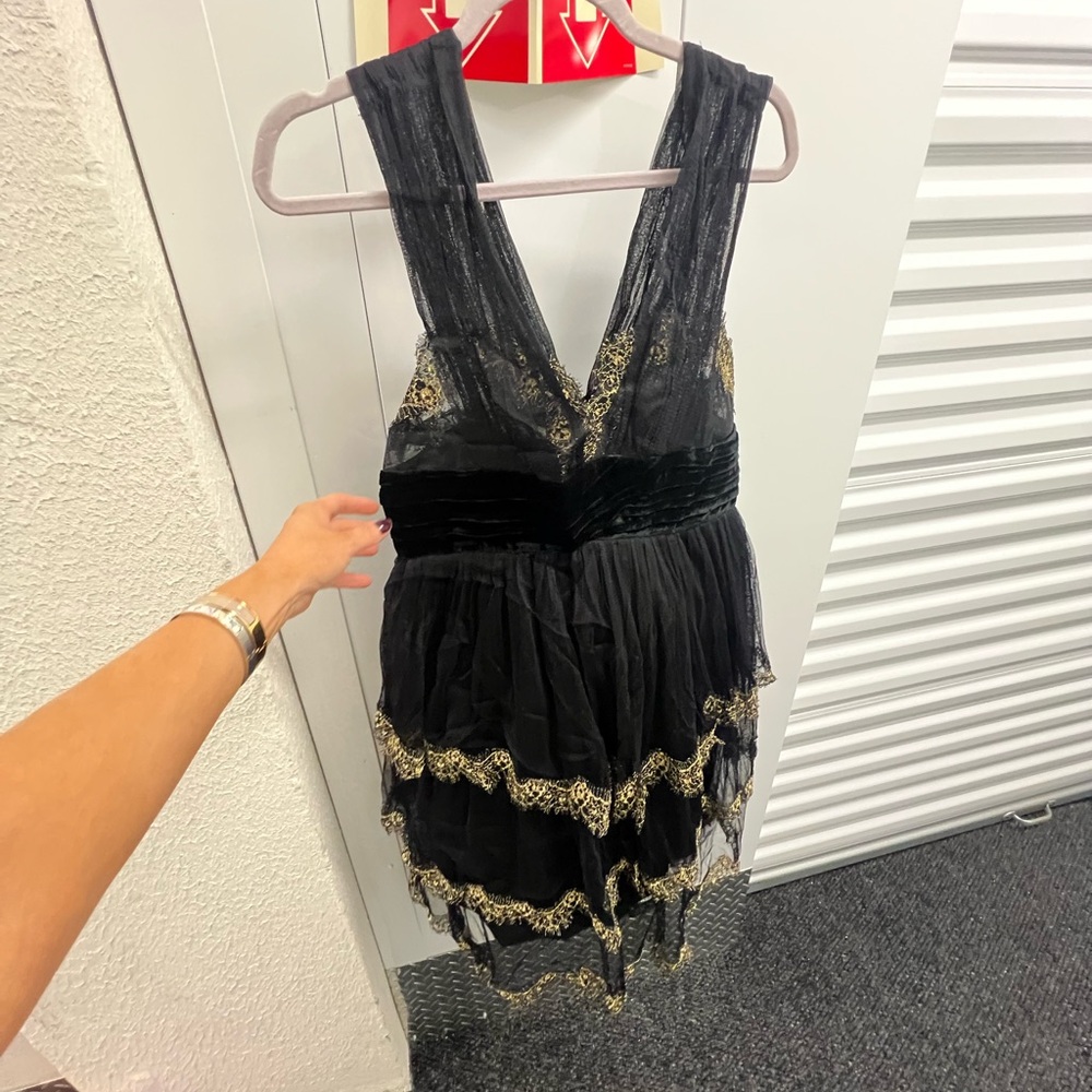 Alberta Ferretti tiered mesh black and gold dress